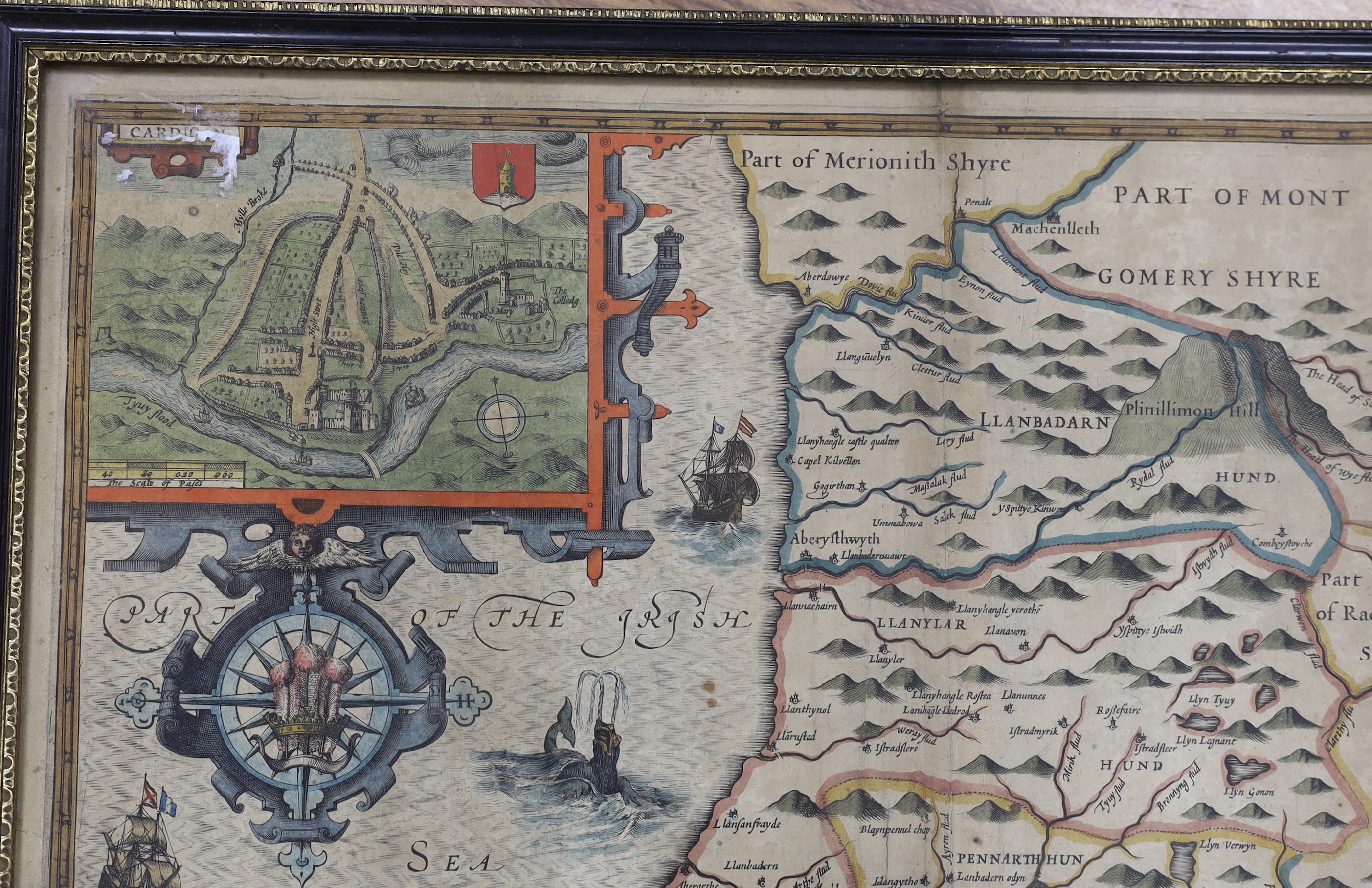 John Speed (1552-1629), hand coloured map of Cardiganshire, described with the due form of the Shiretown as it was surveyed by IS, Anno 1610, sold by John Sudbury and George Humbell, 41 x 52cm